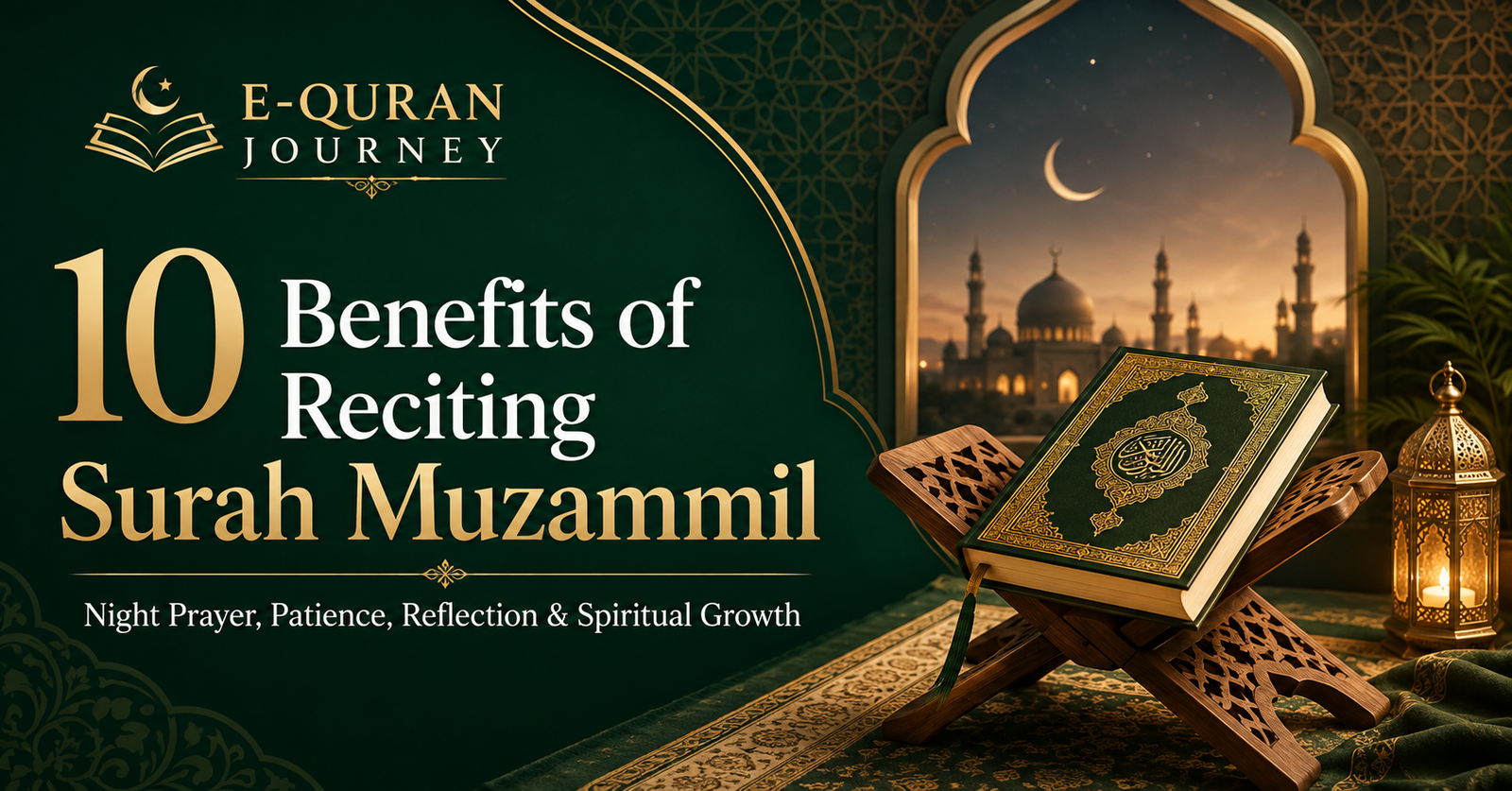 benefits of reciting Surah Muzammil with Quran on a wooden rehal, mosque background, crescent moon, and Islamic lantern.