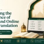Importance of Tafseer and online Quran translation with Quran, laptop, Islamic books, and mosque background.
