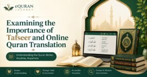 Importance of Tafseer and online Quran translation with Quran, laptop, Islamic books, and mosque background.